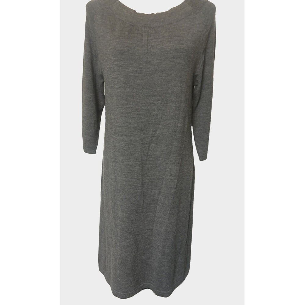 Lands End Womens M 100% Merino Wool Gray Knit 3/4 Slv Pullover Sweater Dress